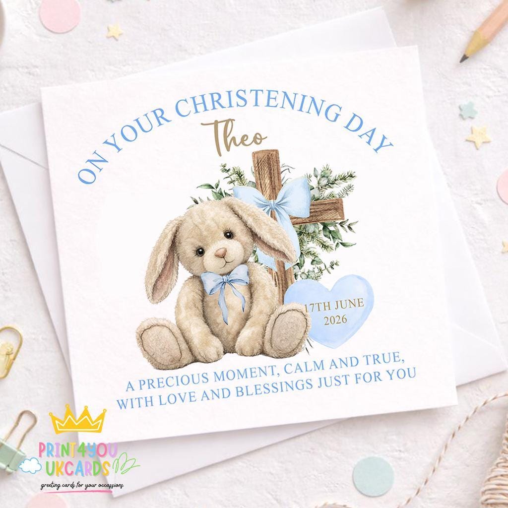 Square christening card featuring a blue bunny illustration and a wooden cross, personalised with a baby boy's name