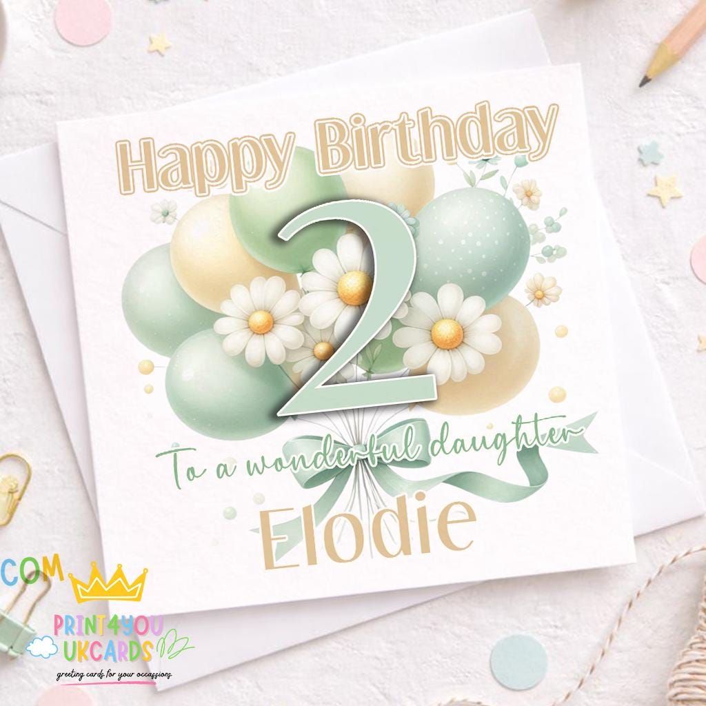 Personalised birthday card with sage green balloon and daisy floral design
