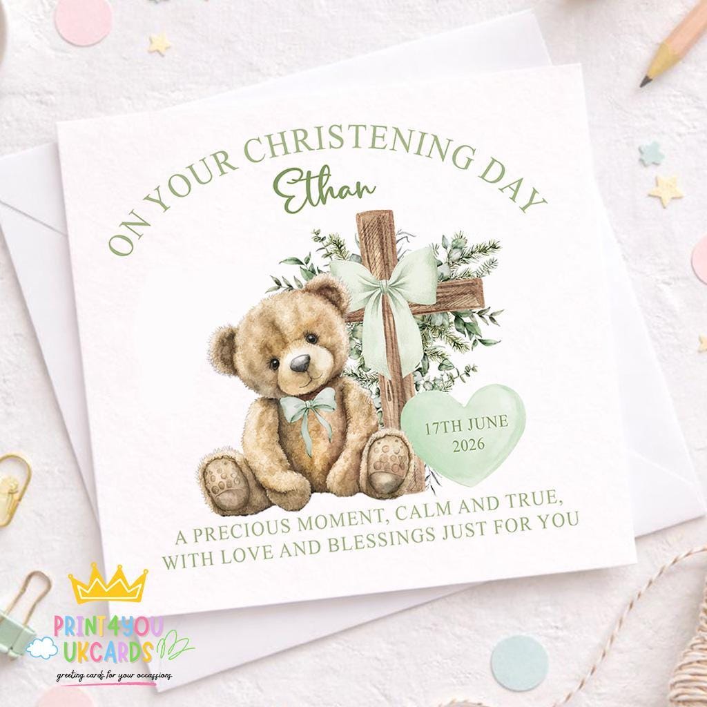 Personalised square christening card featuring a teddy bear and wooden cross design in sage green, for a baby boy