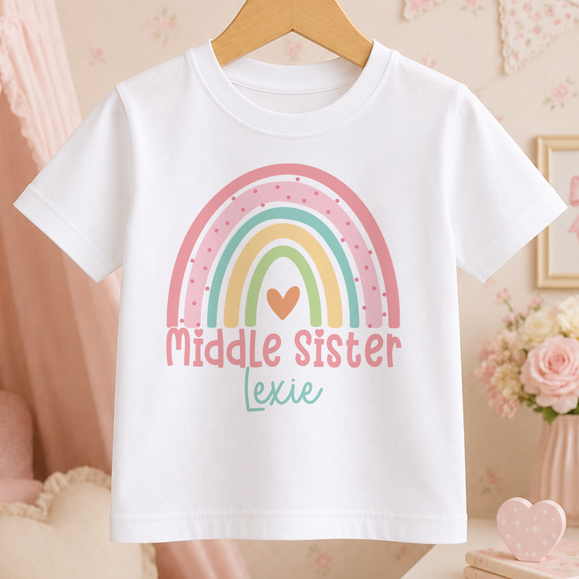 A white t-shirt with a colorful rainbow graphic and the text "Middle Sister Lexie" printed on it.