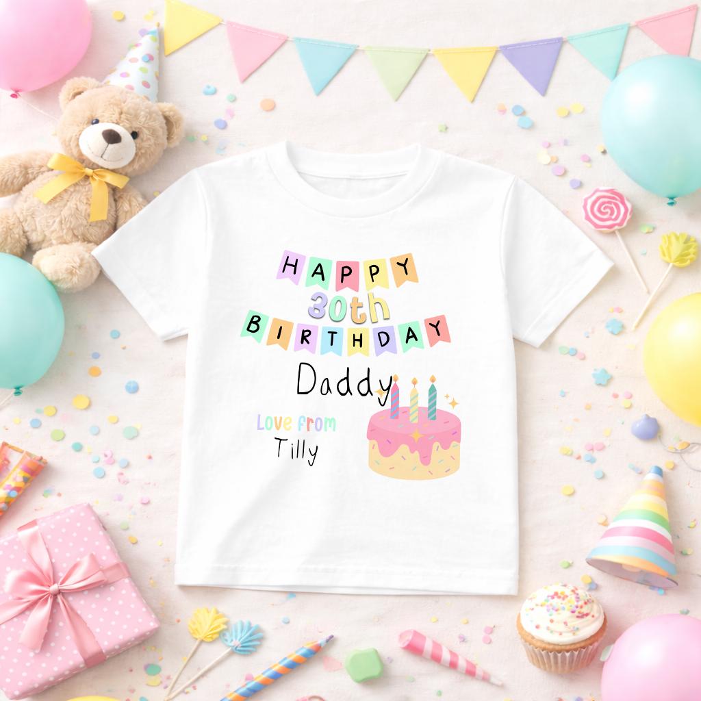 Personalised kids birthday t-shirt with blue cake design, custom name and age printed on the front