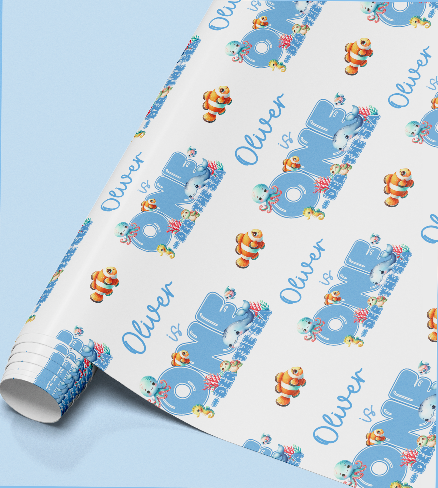 Close-up of the fish and coral pattern printed on the wrapping paper