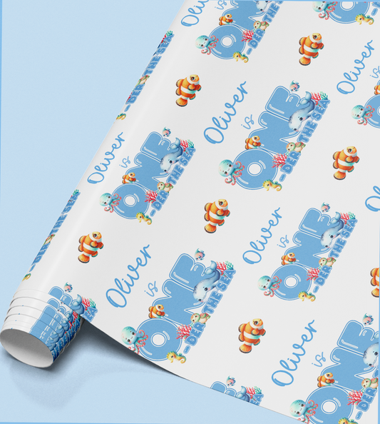 Close-up of the fish and coral pattern printed on the wrapping paper