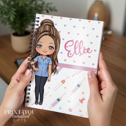 Personalised A5 nurse notebook with spiral binding, printed with a custom name and Nurse 1 character design