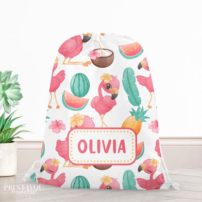 Personalised tropical flamingo drawstring PE bag with watermelon and pineapple print, customised with a name.