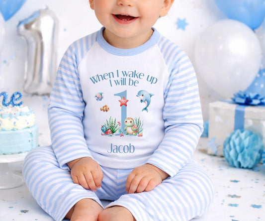 Personalised under the sea first birthday outfit with turtle, dolphin, starfish and coral design and custom name.