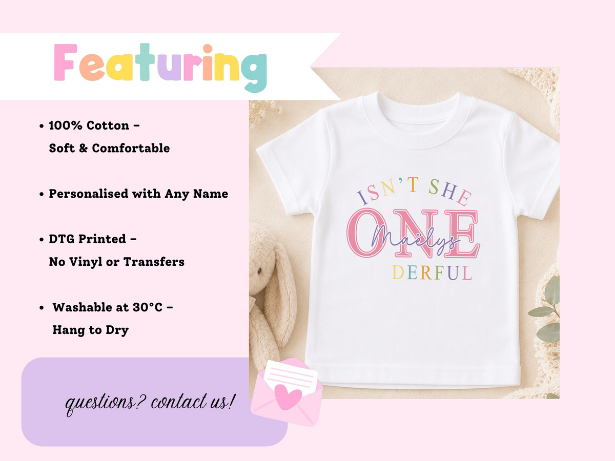 White T-shirt with a colourful personalised 'Isn't she ONE-derful' print design
