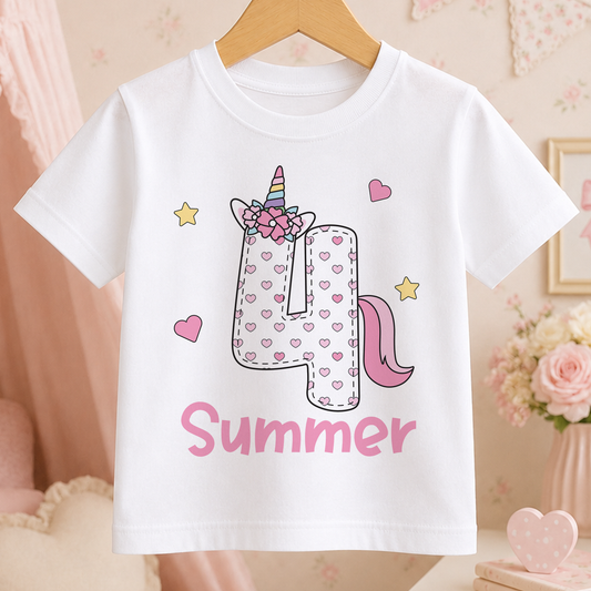A white t-shirt with a unicorn and the number 4 printed on it, along with the text "Summer" below the number.