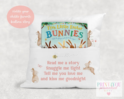 Personalised bunny book cushion lifestyle photo showing size and soft brushed polyester fabric