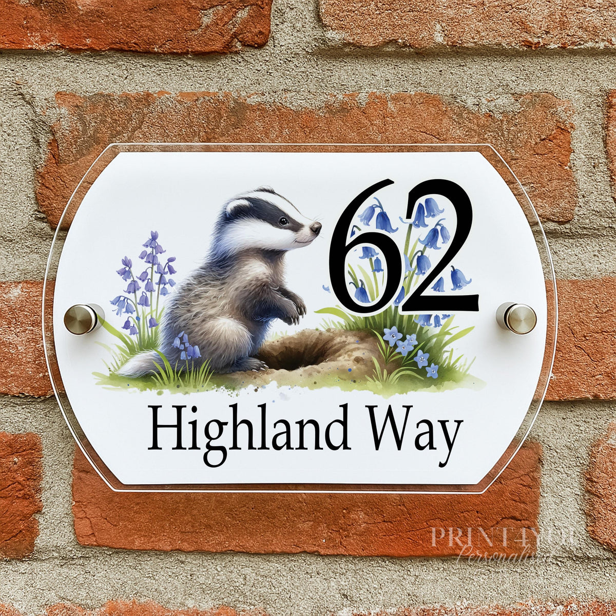 Personalised Badger House Number Sign – Custom UV Printed Door Plaque – Outdoor Address Sign – 200mm x 140mm - Printed Backplate only