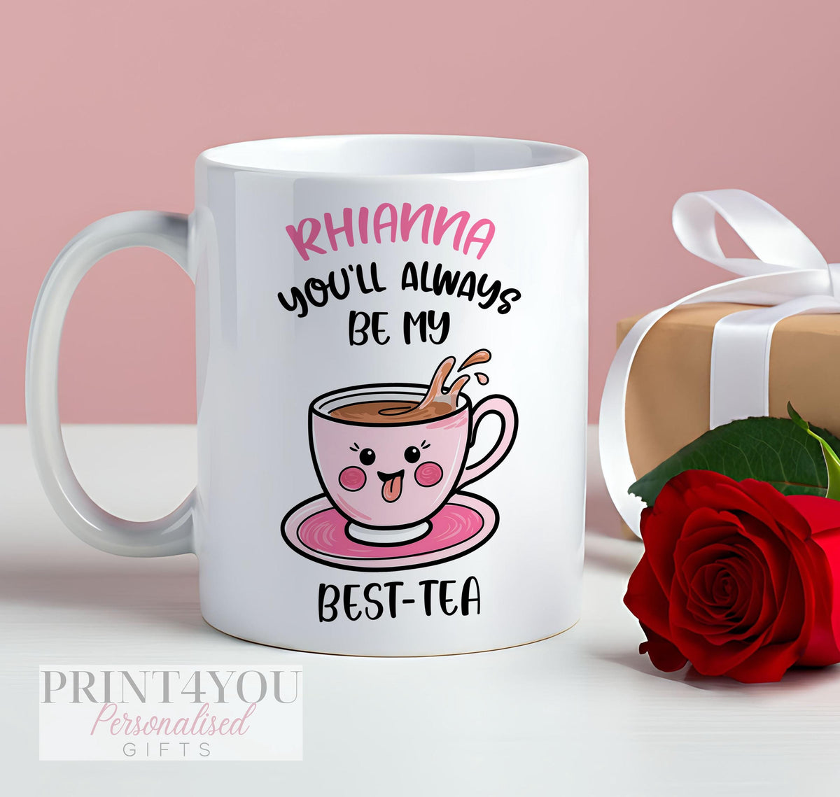 Personalised kawaii best-tea ceramic mug, matching item for the wooden tray.