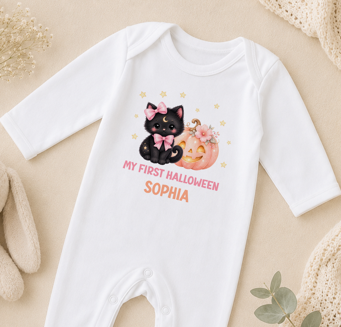 A white onesie with a black cat and a pumpkin graphic, along with the text "My first Halloween Sophia" printed on it.