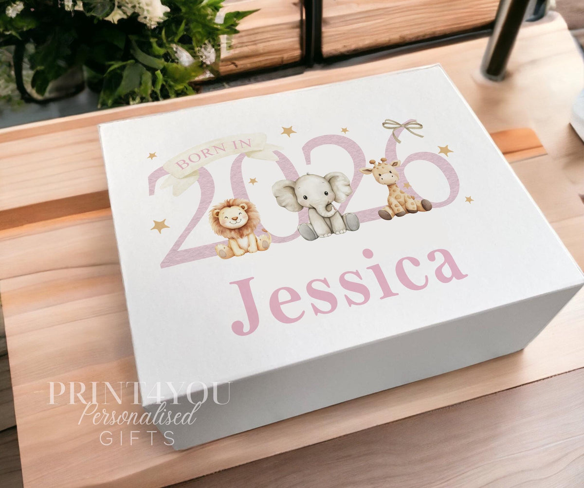 Personalised pink keepsake box with a safari lion, elephant and giraffe design for a first birthday