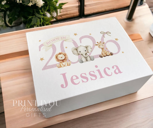 Personalised pink keepsake box with a safari lion, elephant and giraffe design for a first birthday