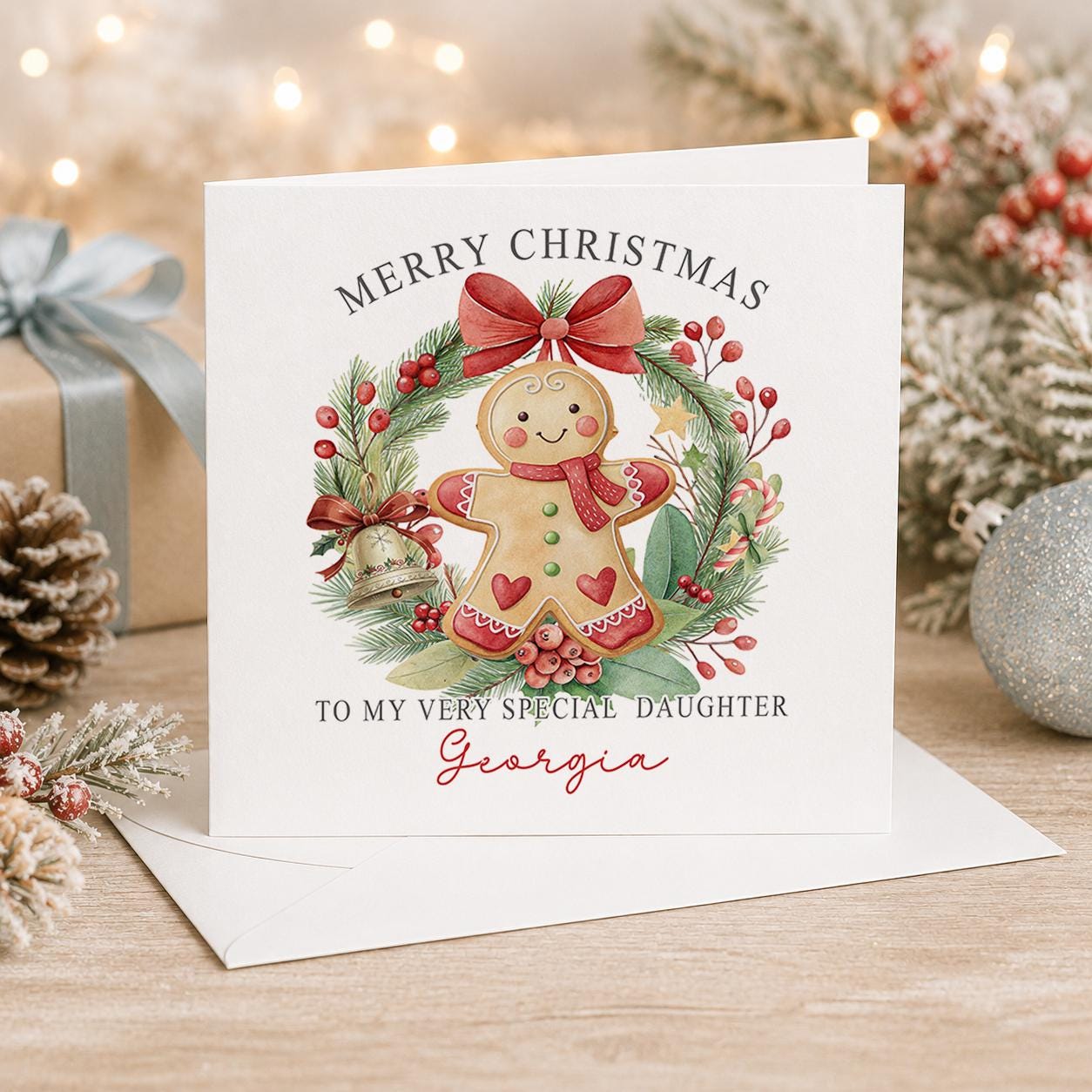 Personalised gingerbread Christmas card, white 6x6 inch square card printed with a gingerbread man in a holly wreath and a name