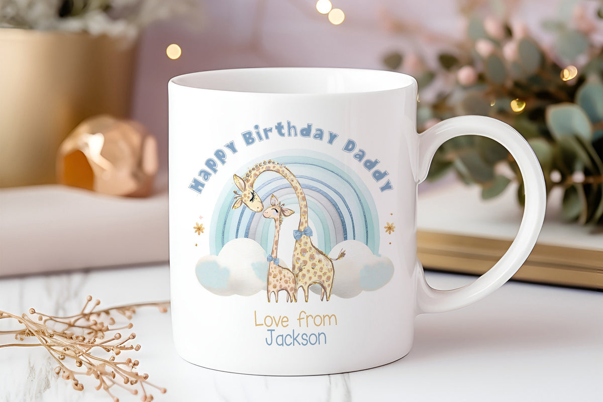 Personalised ceramic mug printed with a colourful rainbow design and Daddy's name, shown with a blue handle option
