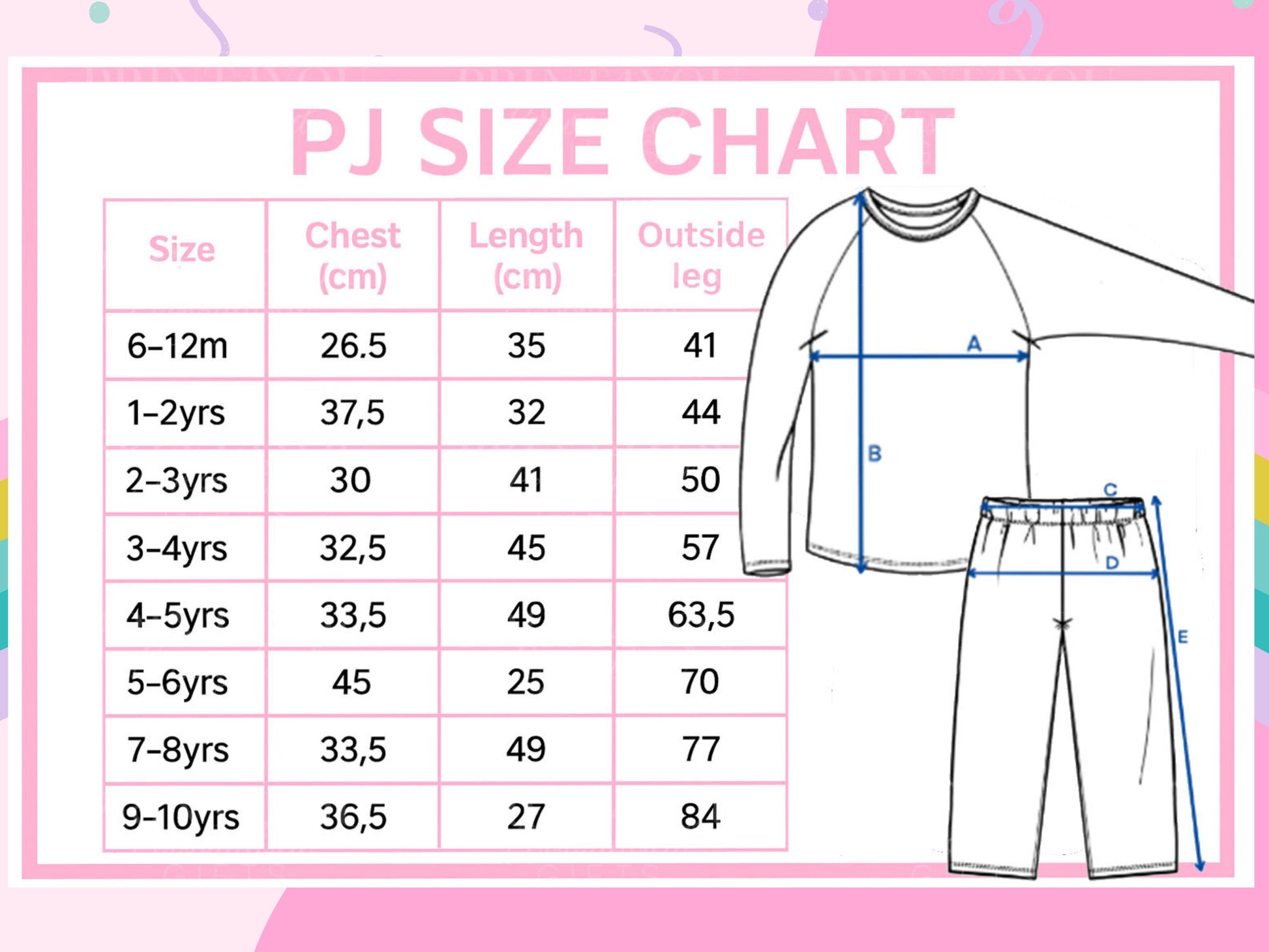 The image is a size chart for children's pajamas, providing measurements for different age groups. It includes tables and illustrations of a pajama set, with measurements for chest, length, and outside leg.
