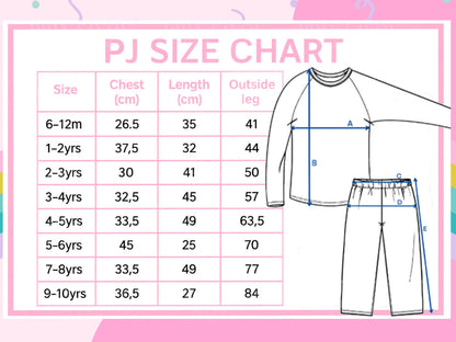 The image is a size chart for children's pajamas, providing measurements for different age groups. It includes tables and illustrations of a pajama set, with measurements for chest, length, and outside leg.