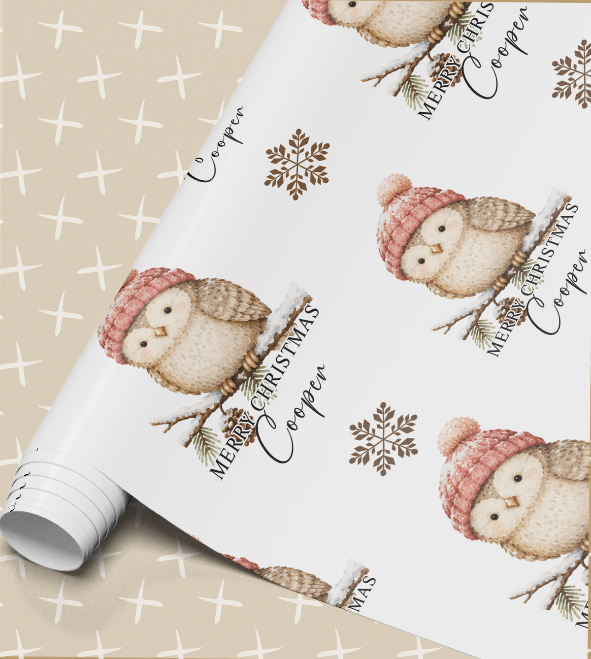 a white wrapping paper with a repeating pattern of cute owls wearing winter hats and holding pine branches. The owls are wearing red hats and are surrounded by snowflakes. The paper has the text "Merry Christmas Copper" written on it, indicating a festive holiday theme.