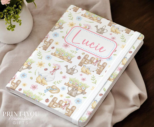 Personalised goose notebook front cover with cottage garden design and custom name
