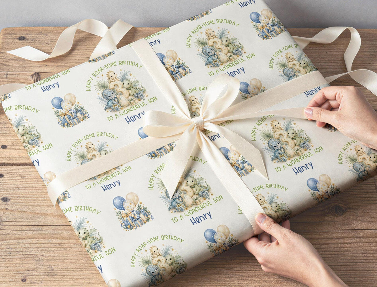 Personalised Dinosaur Wrapping Paper, Birthday Wrap, Ages 1-10