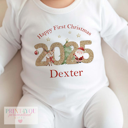 Personalised Santa & Reindeer Christmas Baby Vest – 2025 Glitter Design Gift Set, Custom Name