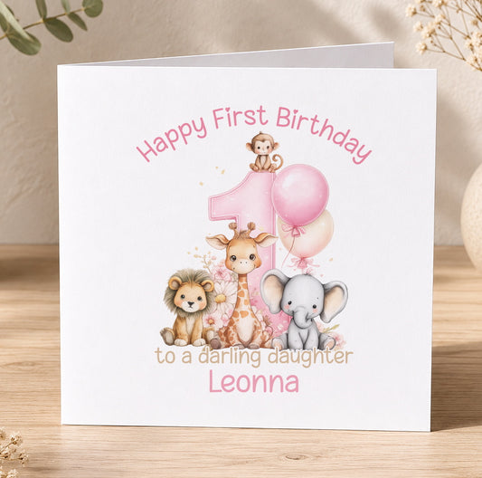 Personalised pink safari 1st birthday card for a baby girl named Leonna, illustrated with a lion, giraffe, elephant and monkey