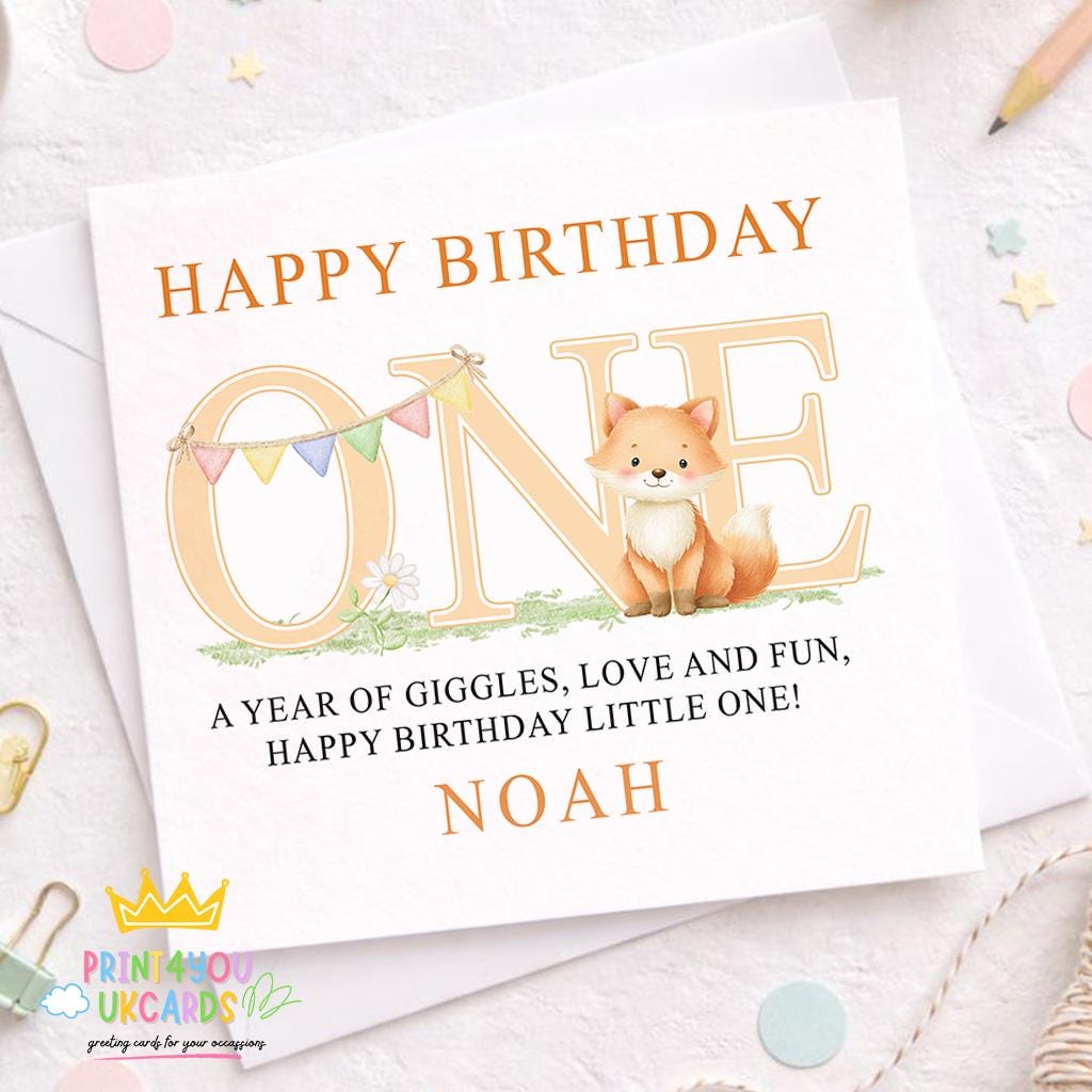 Personalised 1st birthday card with woodland fox design