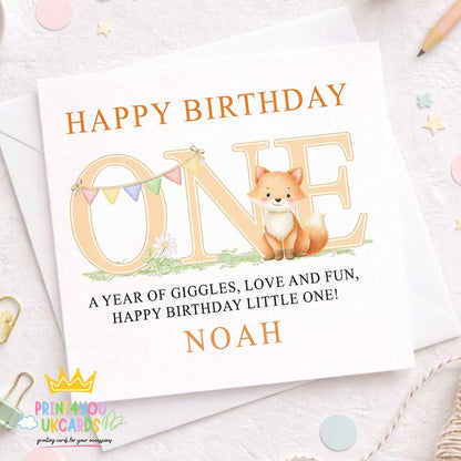 Personalised 1st birthday card with woodland fox design