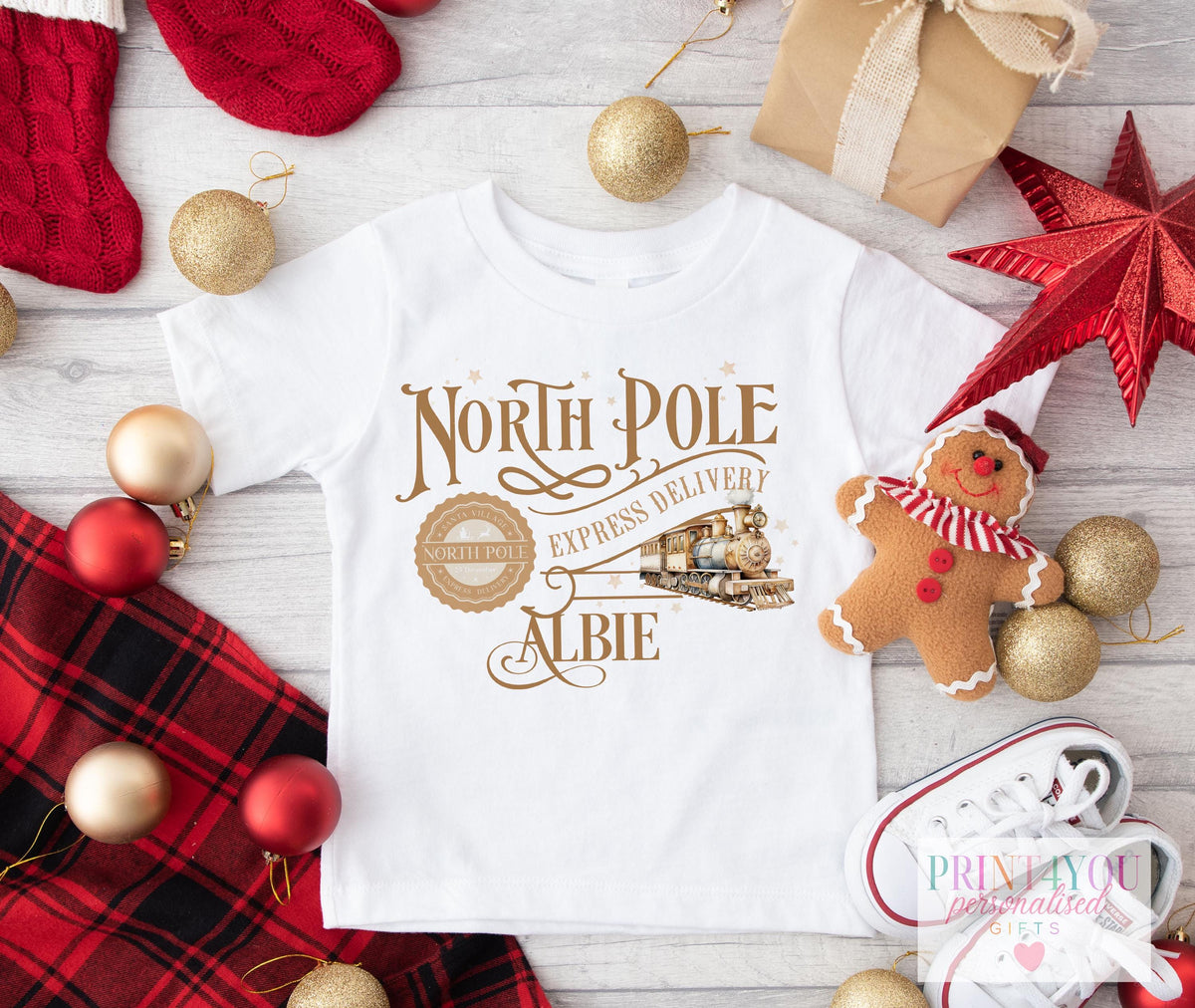 Personalised North Pole Express Jumper or T – Shirt Gold Christmas Train Design - 1-2 years SWEATSHIRT