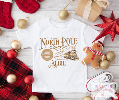 Personalised North Pole Express Jumper or T – Shirt Gold Christmas Train Design - 1-2 years SWEATSHIRT