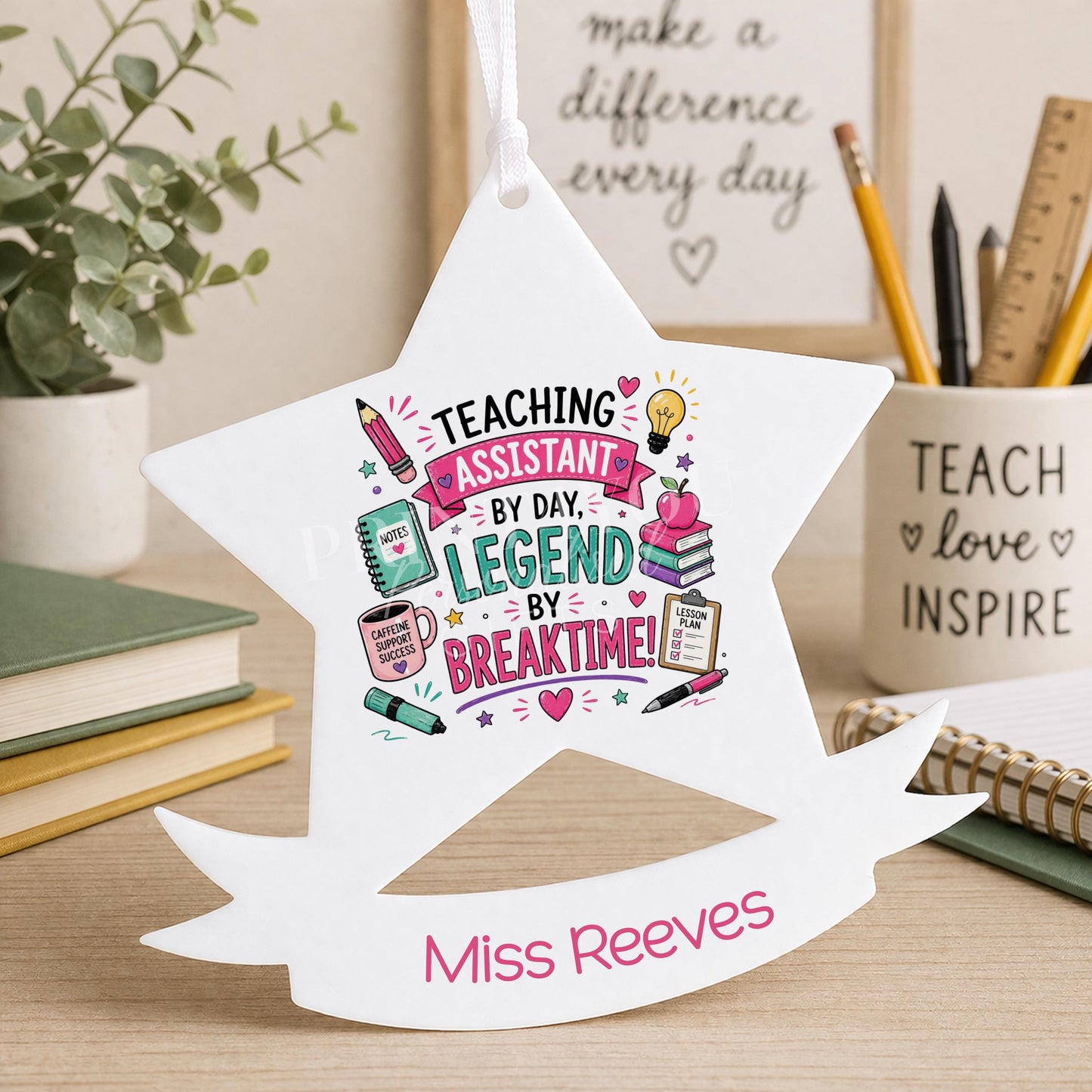 Personalised acrylic star decoration printed with a name, a teaching assistant thank you gift