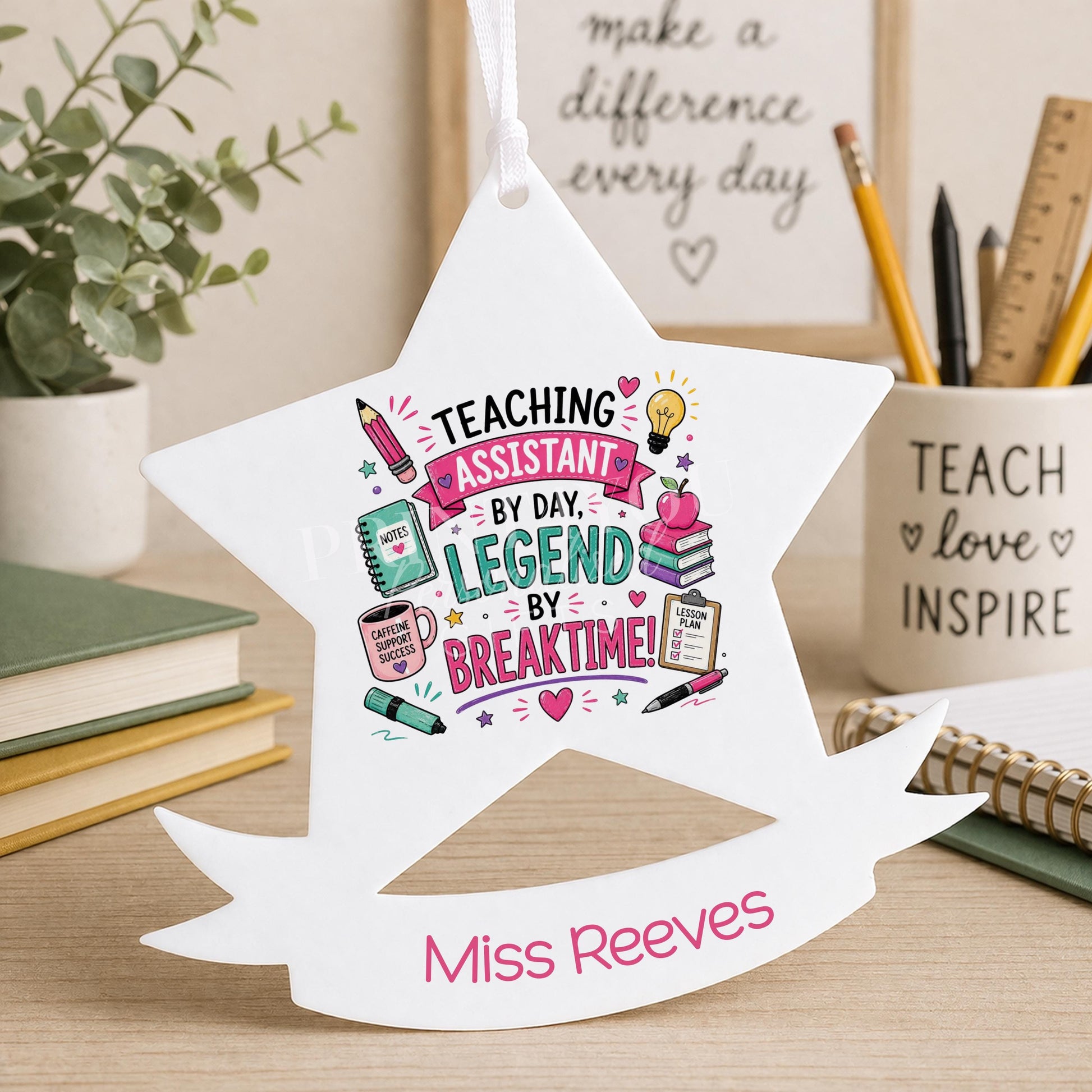 Personalised acrylic star decoration printed with a name, a teaching assistant thank you gift