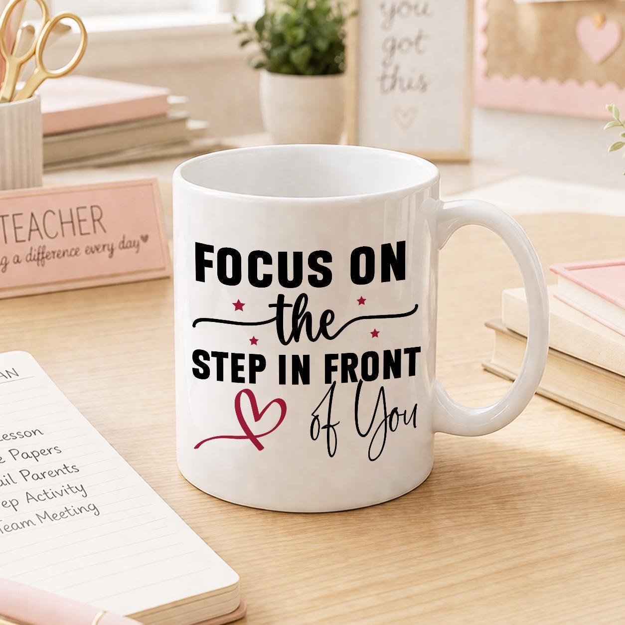 White ceramic mug printed with an uplifting motivational quote design, personalised with a name