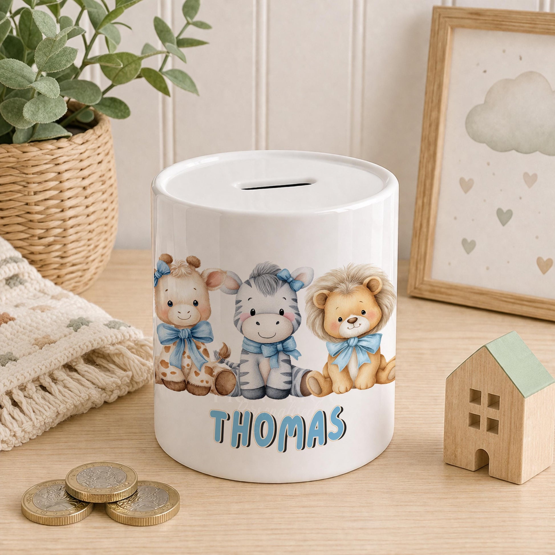 Ceramic safari-design money box personalised with a child's name, ideal for a baby boy
