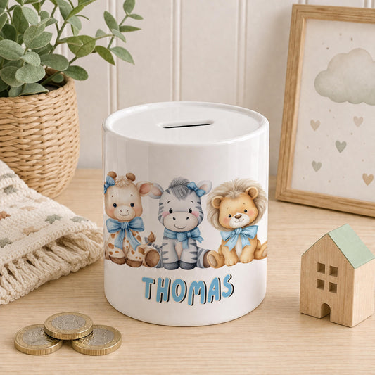 Ceramic safari-design money box personalised with a child's name, ideal for a baby boy