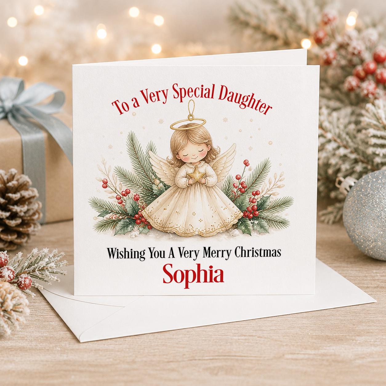 Personalised angel Christmas card, white 6x6 inch square card printed with a little angel framed by winter greenery with a name