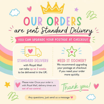Colourful rainbow graphic illustrating standard delivery information for the order.