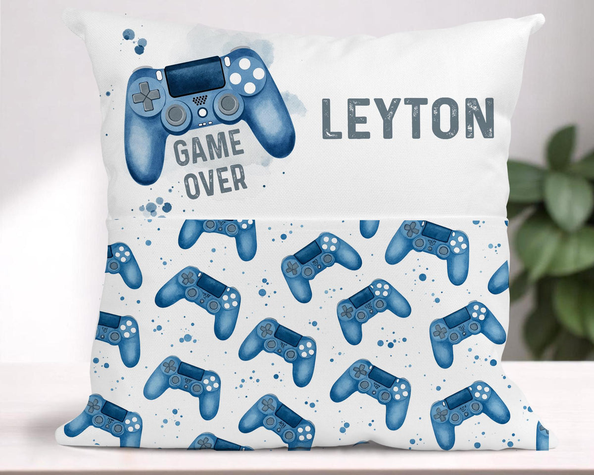 Personalised Gamer Cushion – Custom Name Controller Book Pocket Pillow for Boys Gaming Room - Cover and insert