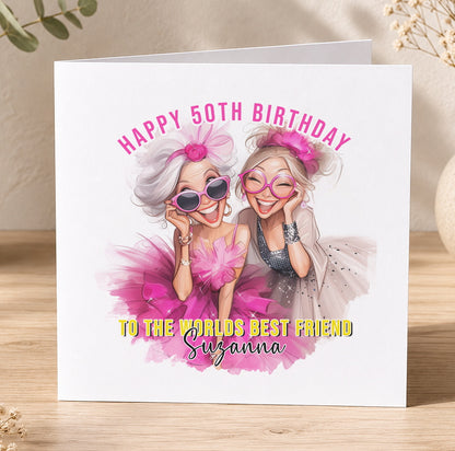 A birthday card with two women wearing sunglasses and a pink tutu, celebrating their 50th birthday.