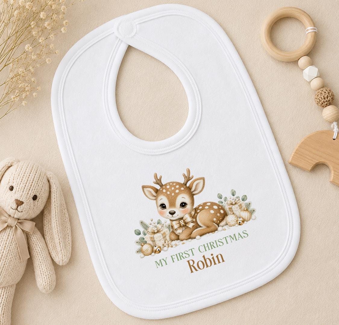 Personalised Baby Christmas Outfit, 2026 Reindeer Sleepsuit, Bib