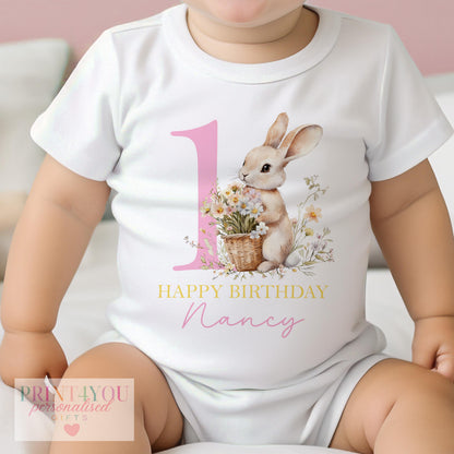 Personalised 1st Birthday Outfit – Baby Sleepsuit, Vest & T-Shirt with Floral Rabbit Print