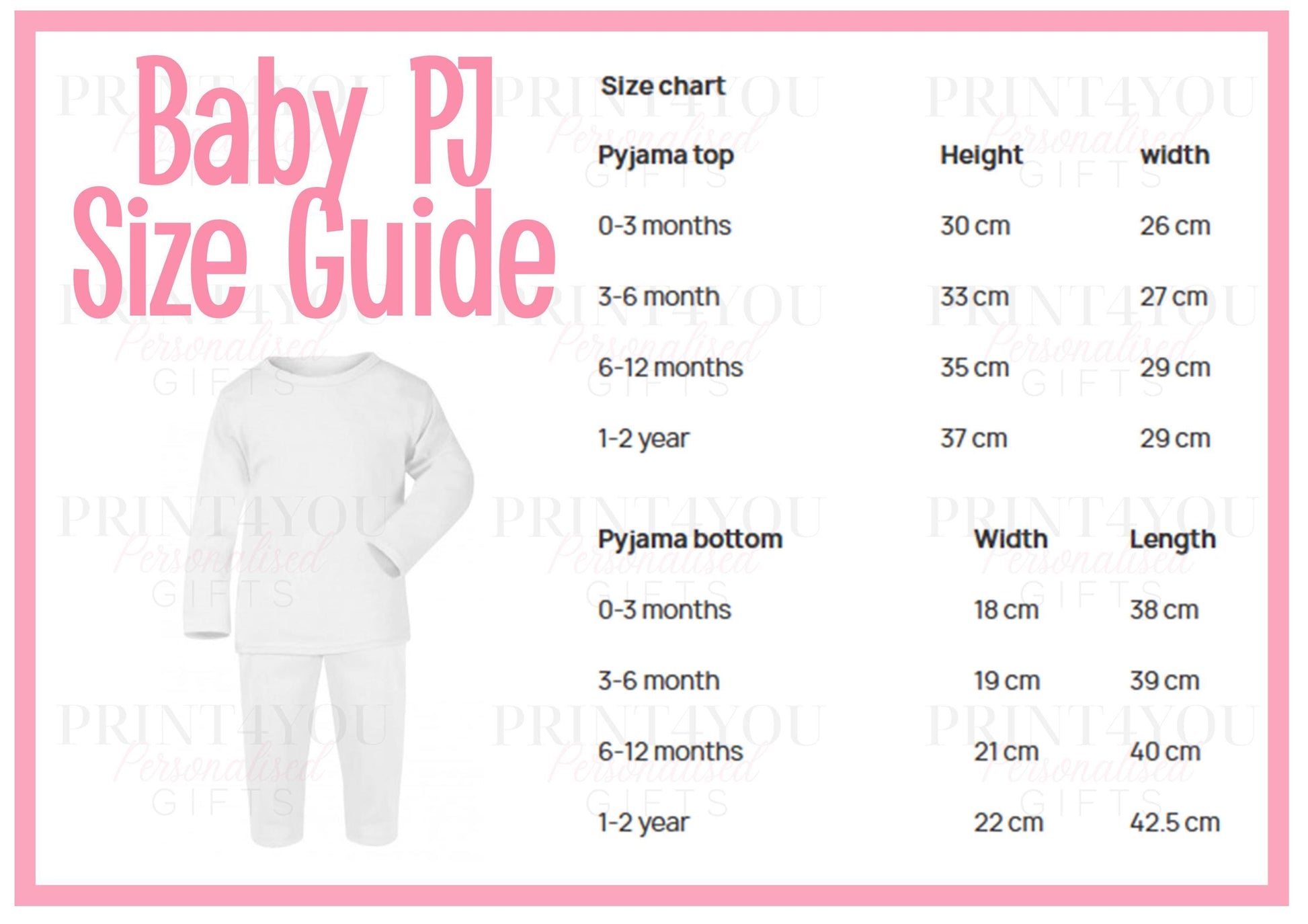 UK size guide for personalised baby and toddler pyjamas, showing measurements from 6 months to 2 years
