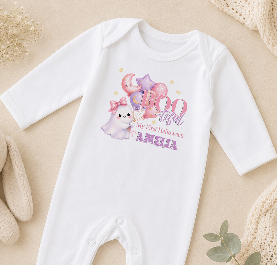 A white onesie with a ghost and balloons printed on it, along with the text "My first Halloween" and "Amelia".