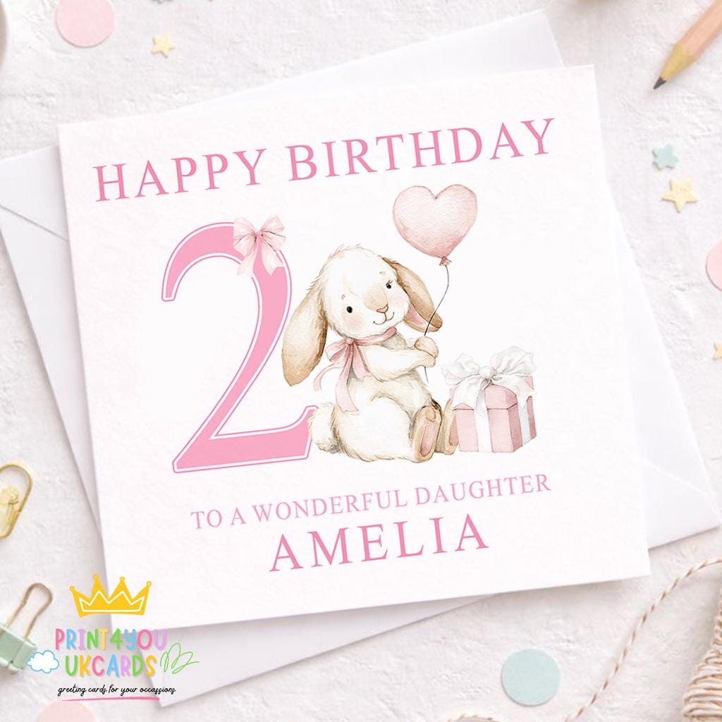 Pink square birthday card with a bunny design, personalised with a child's name and age