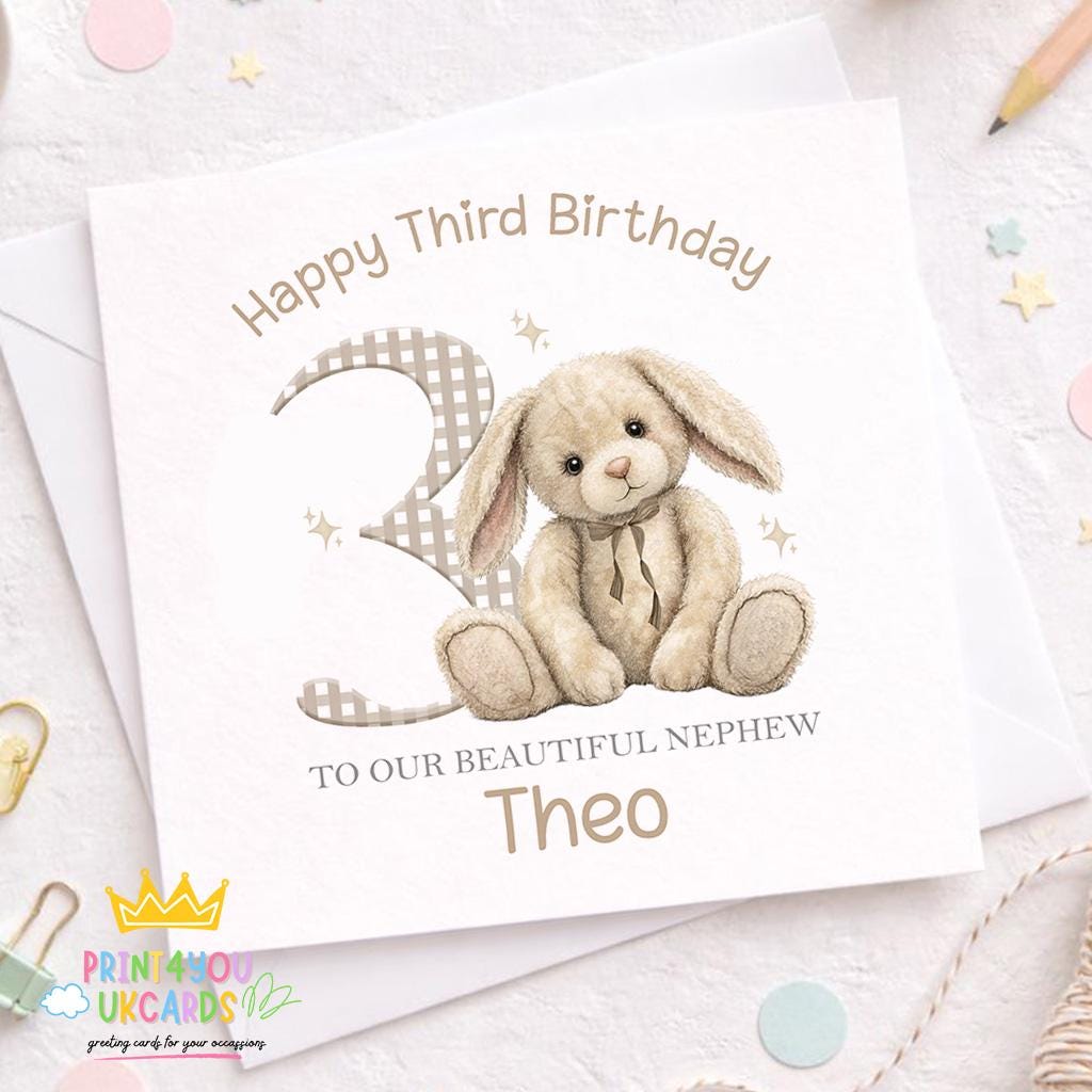 Square personalised 3rd birthday bunny card shown closed