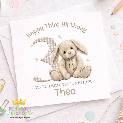 Square personalised 3rd birthday bunny card shown closed