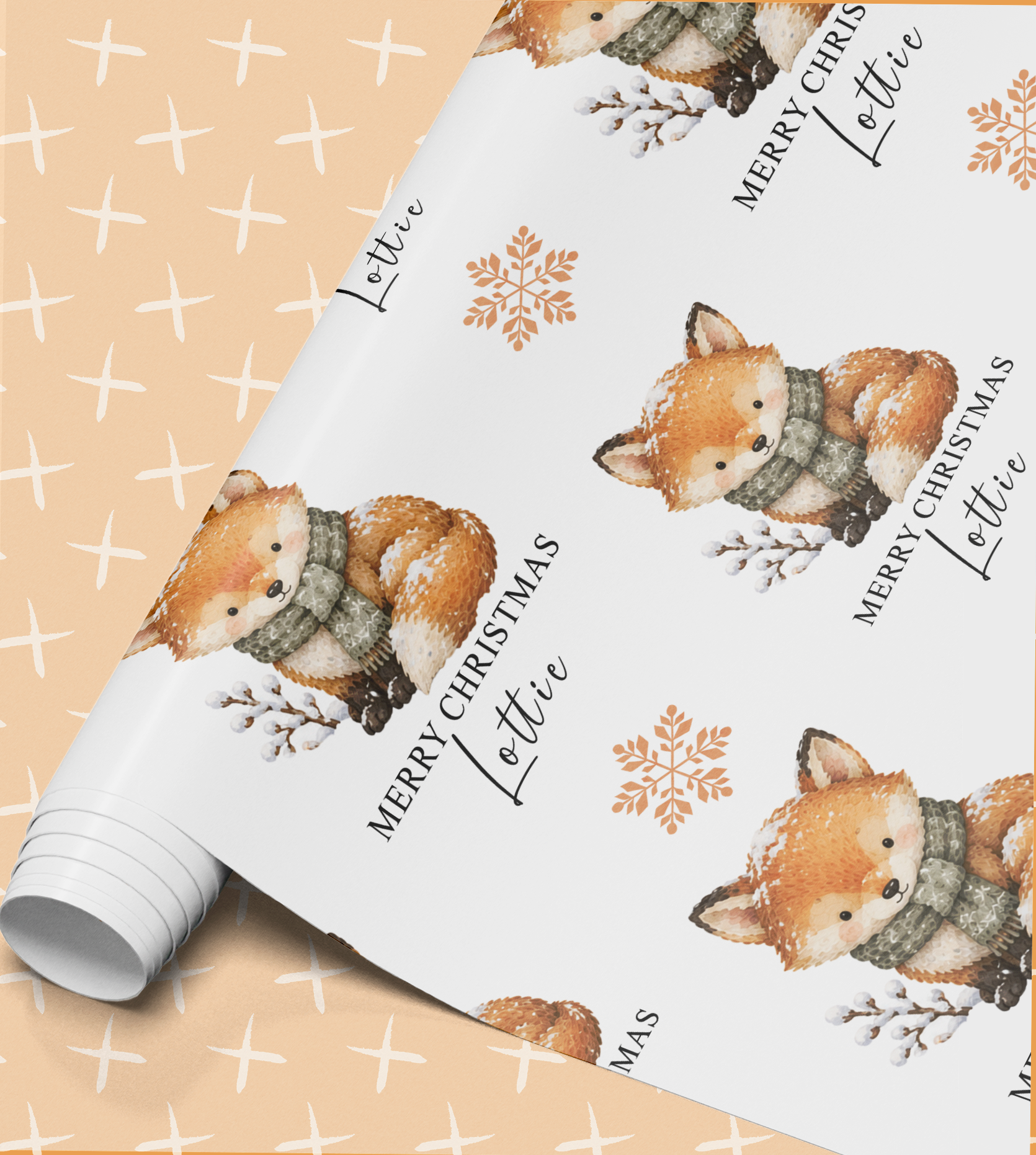 a repeating pattern of a cute cartoon fox wearing a scarf and sitting on a branch, with snowflakes and the text "Merry Christmas Lottie" displayed on the wrapping paper.