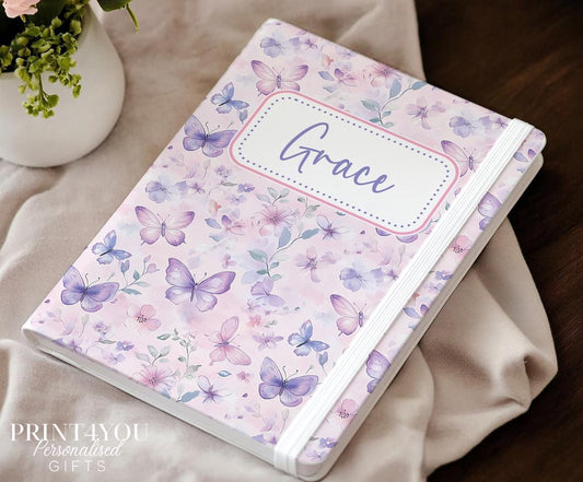 Personalised A5 butterfly notebook with watercolour butterfly design and custom name on cream PU leather cover