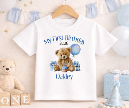 Front view of the personalised blue teddy bear first birthday outfit.